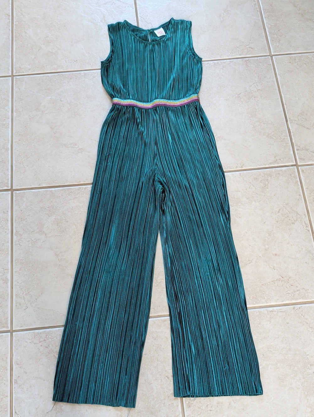 wonder nation Teal Pleated Wide-Leg Jumpsuit with Rainbow Waistband, Girls 10